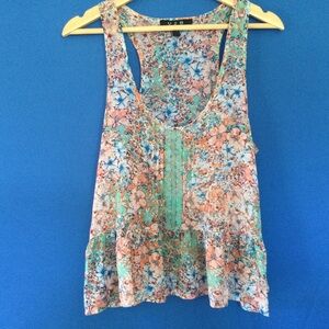 U2B Urban PLanet Floral Sheer Fits Small Baby doll tank top Large Teal Blue Lace